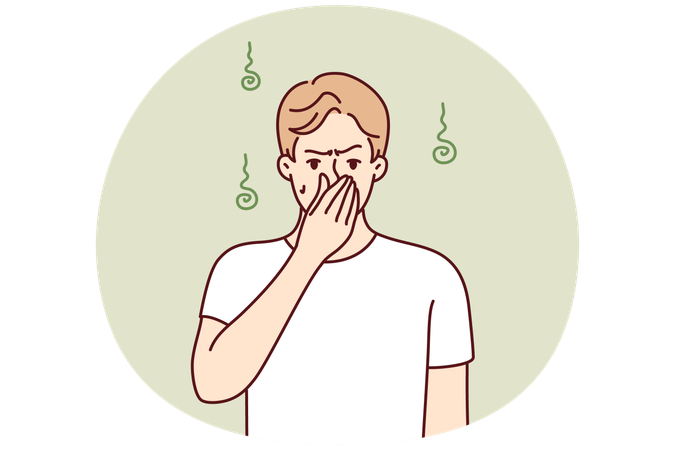 不快な汗の臭いに苦しみながら手で鼻をつまむ不満そうな男性  イラスト