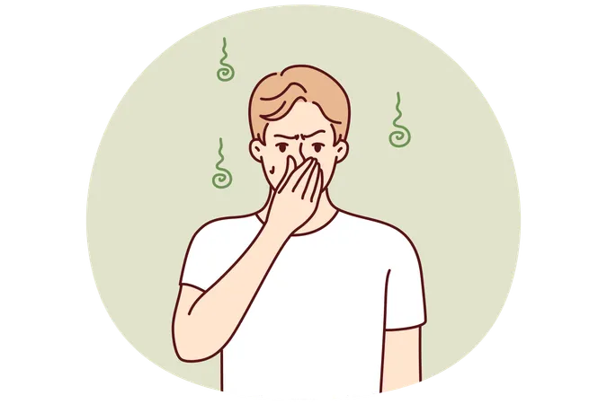 不快な汗の臭いに苦しみながら手で鼻をつまむ不満そうな男性  イラスト