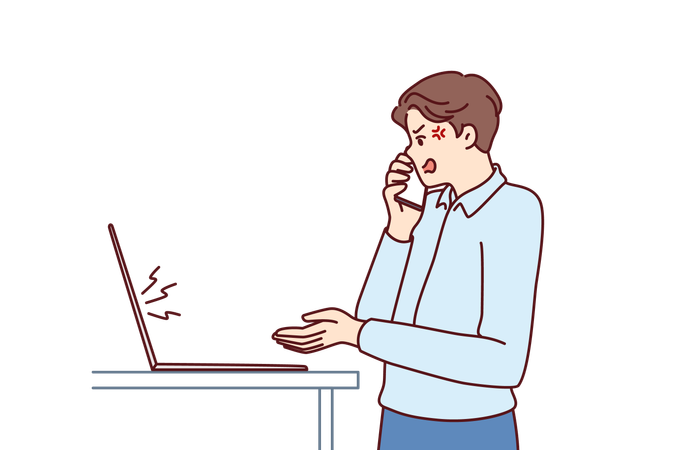 Dissatisfied manager makes phone call standing near laptop and quarreling due to errors in report  イラスト