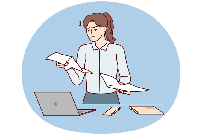 不満そうな女性秘書がテーブルの近くに立って手紙を読んでいる  イラスト