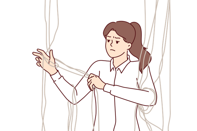 Dissatisfied woman unravels threads trying to get rid of constraining mental factors  イラスト