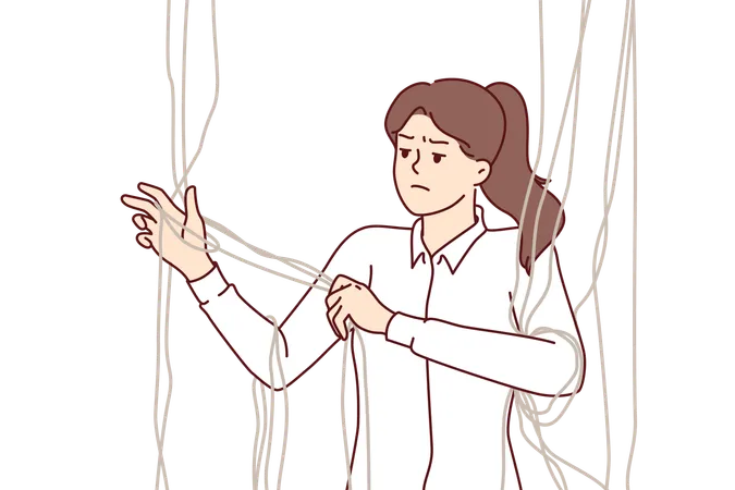 Dissatisfied Woman Unravels Threads Trying To Get Rid Of Constraining Mental Factors Unraveling Ropes As Metaphor For Trying To Understand Oneself In Order To Solve Psychological Problems Illustration