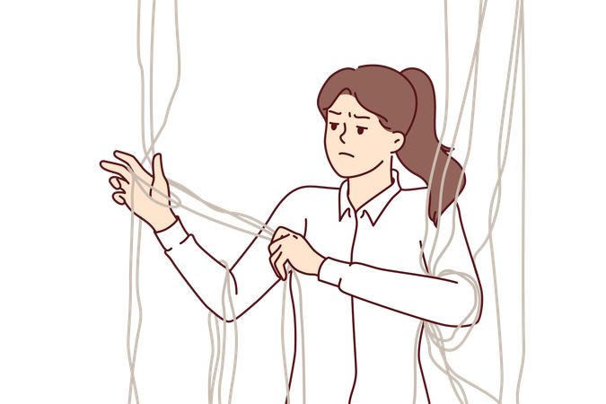 Dissatisfied woman unravels threads trying to get rid of constraining mental factors  Illustration