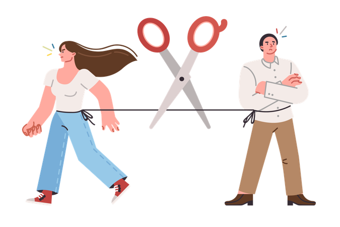 Dissolution of man and woman who failed in choosing partner for marriage with scissors cutting bond  Illustration