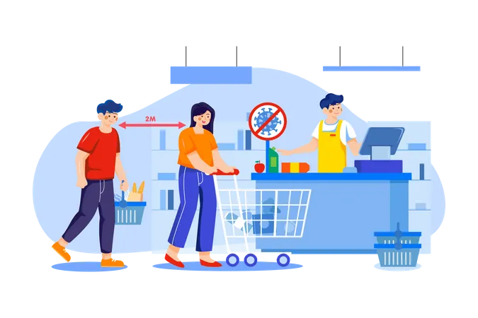 Distanciamento Social no Checkout de Compras  Ilustração