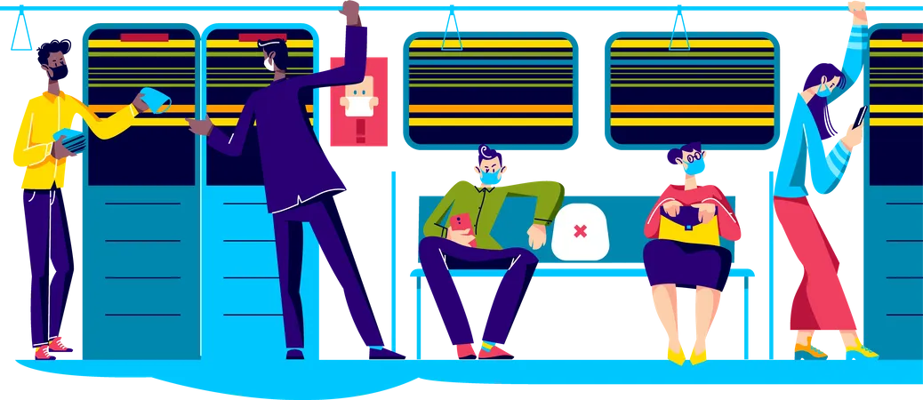 Distanciamento Social E Medidas De Prevencao Cobicosas No Conceito De Transporte Publico Com Pessoas Usando Mascaras Enquanto Usam O Trem Do Metro Estilo De Vida Do Coronavirus Ilustracao Vetorial Ilustração