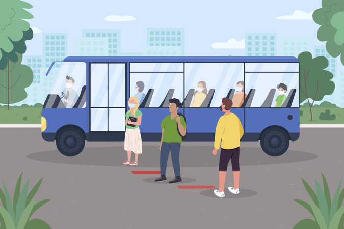 Distanciamiento social para el transporte público  Ilustración