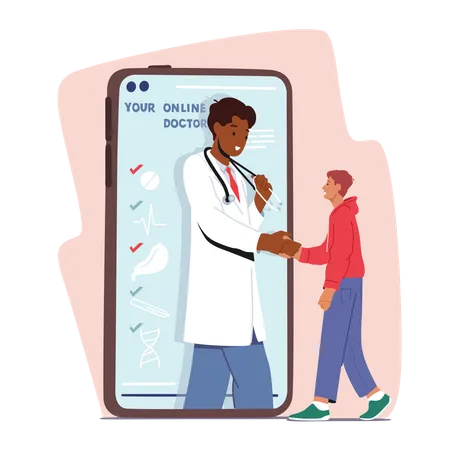 Distant Online Medicine Consultation, Smart Medical Technology. Doctor Shaking Hands With Patient At Huge Mobile Phone Illustration