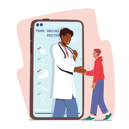 Distant Online Medicine Consultation, Smart Medical Technology. Doctor Shaking Hands With Patient At Huge Mobile Phone  Illustration