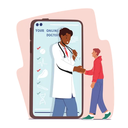 Distant Online Medicine Consultation, Smart Medical Technology. Doctor Shaking Hands With Patient At Huge Mobile Phone  Illustration