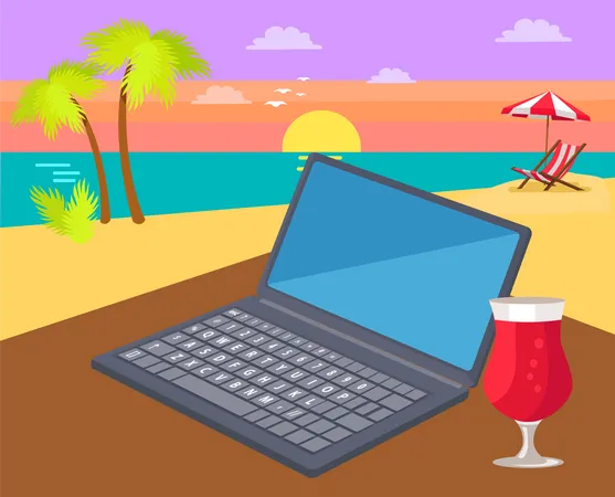 Distant Work Freelance Job Vector Illustration Summer Beach Sun Palm Trees Tasty Cocktail Table With Working Laptop For Freelancing Cute Seascape Illustration