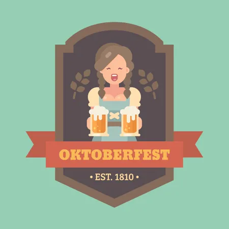 Distintivo de ilustração plana da Oktoberfest com empregada de cerveja segurando duas canecas de cerveja  Ilustração