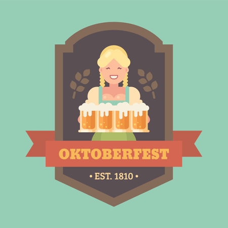 Distintivo de ilustração plana da Oktoberfest com uma cervejaria loira segurando quatro canecas de cerveja  Ilustração