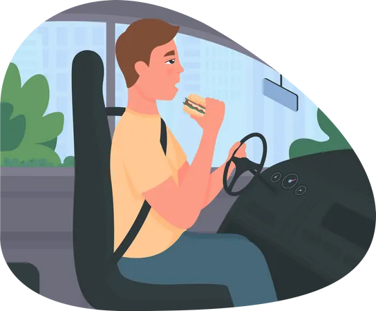 Distracted Driving 2 D Vector Web Banner Poster Driver Eating At Steering Wheel Flat Characters On Cartoon Background Road Accident Risk And Danger Printable Patch Colorful Web Element Illustration