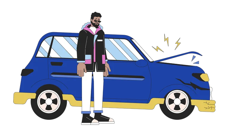 Distressed Black Man Near Damaged Vehicle 2 D Linear Cartoon Character Unhappy African American Guy Standing Isolated Line Vector Person White Background Car Accident Color Flat Spot Illustration Illustration