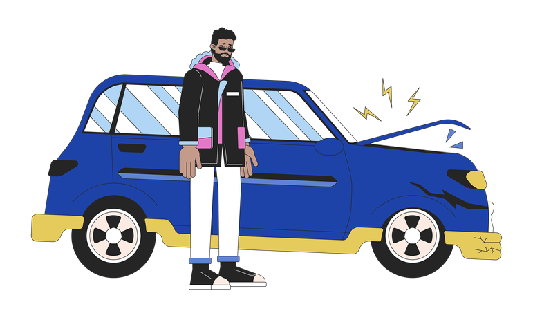 Distressed black man near damaged vehicle  Illustration