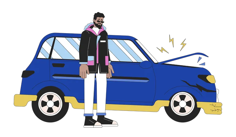 Distressed black man near damaged vehicle  Illustration