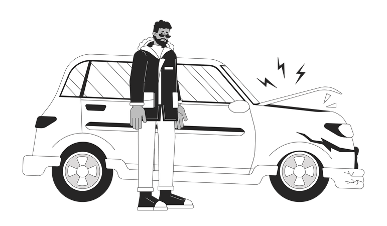 Distressed black man near damaged vehicle  Illustration