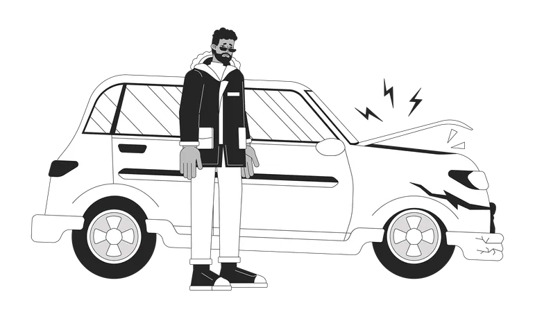 Distressed black man near damaged vehicle  Illustration