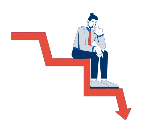 Distressed businessman sitting on declining arrow chart  Illustration