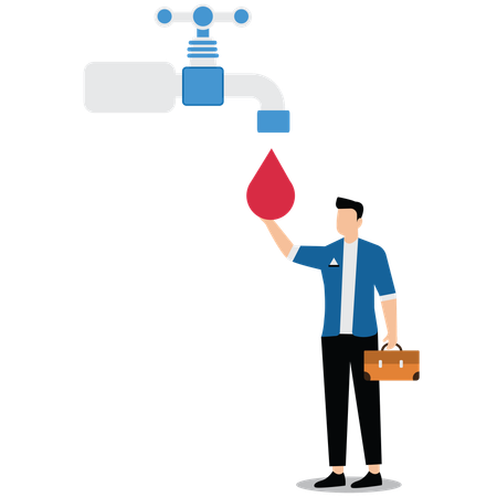 Distressed businessman standing under tap on red drop of water  Illustration