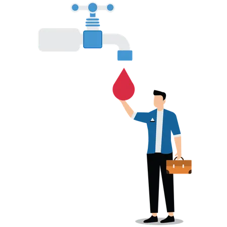 Distressed businessman standing under tap on red drop of water  Illustration