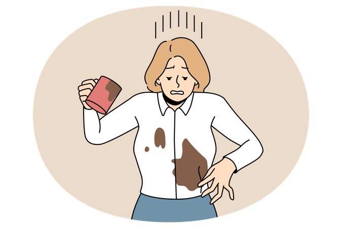 Distressed businesswoman spill coffee on shirt  Illustration