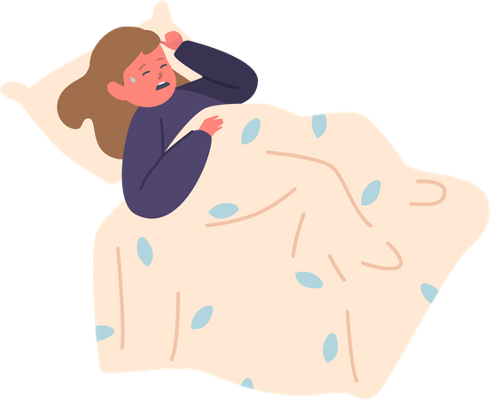 Distressed Child Lying In Bed  Illustration