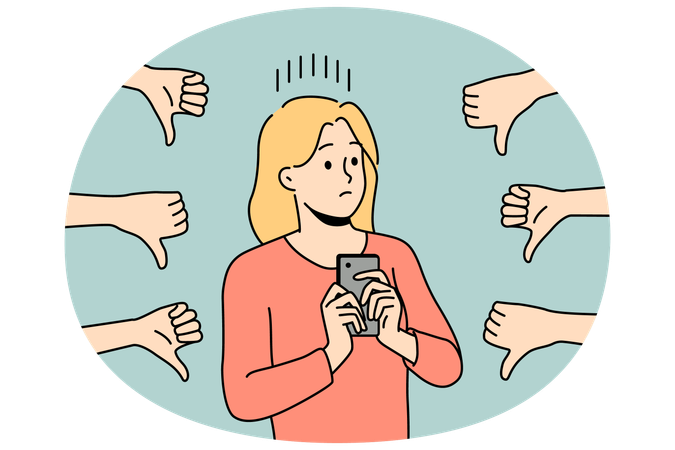 Distressed woman displeased with negative comments  Illustration