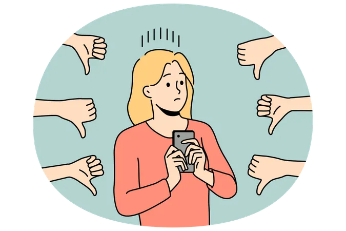 Distressed woman displeased with negative comments  Illustration