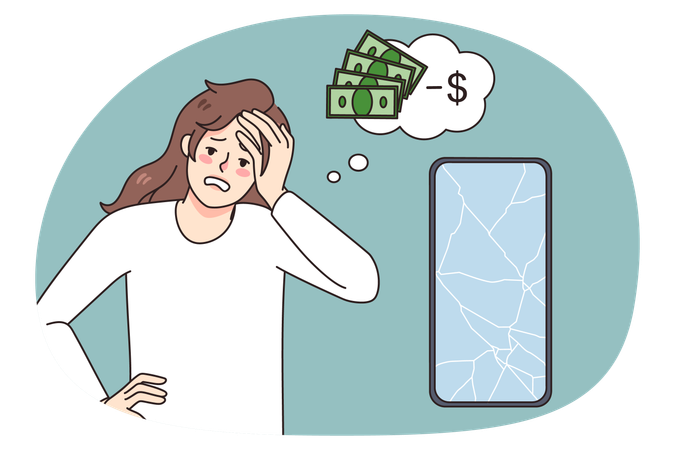 Distressed woman frustrated with broken cellphone  Illustration