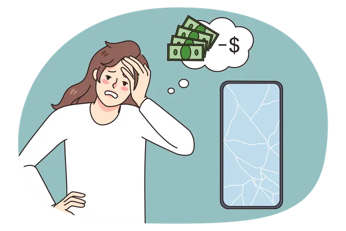 Distressed woman frustrated with broken cellphone  Illustration