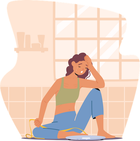 Distressed Woman Measuring Herself In The Bathroom  イラスト