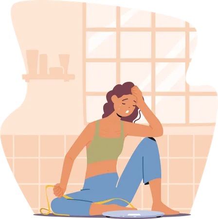 Distressed Woman Measuring Herself In The Bathroom Sitting Near The Scales Female Character Visibly Upset And Shedding Tears Indicative Of Potential Struggles With Anorexia Vector Illustration Illustration