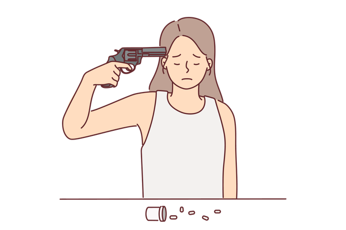Distressed woman wants to commit suicide with pistol  Illustration