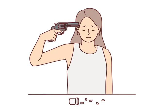Distressed Woman Wants To Commit Suicide With Pistol Or Pills After Losing Home Due To Bankruptcy Frustrated Girl With Drug Addiction Tries To Commit Suicide And Shoot Herself With Revolver Illustration