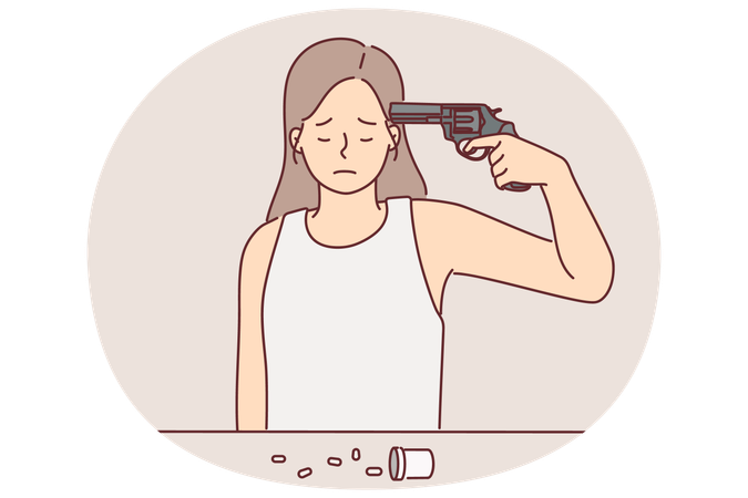 Distressed woman wants to commit suicide with pistol after losing home due to bankruptcy  Illustration
