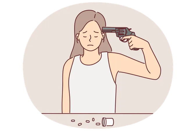 Distressed woman wants to commit suicide with pistol after losing home due to bankruptcy  Illustration