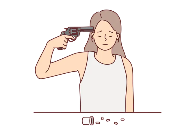 Distressed woman wants to commit suicide with pistol  Illustration