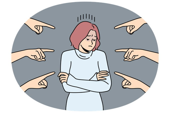 Distressed young woman stand surrounded by numerous fingers pointing  Illustration
