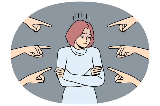 Distressed young woman stand surrounded by numerous fingers pointing  Illustration