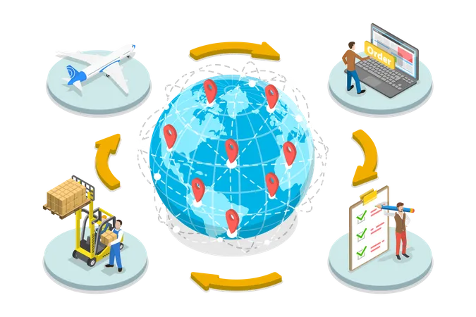 Ilustracion Conceptual De Vectores Planos Isometricos 3 D De Envios Y Exportaciones Internacionales Servicio De Distribucion Logistica Global Ilustración