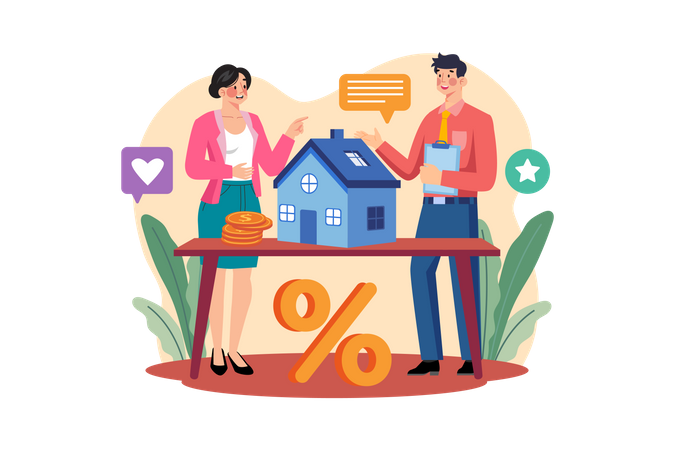 Distribuidor inmobiliario y cliente viendo una casa en alquiler  Ilustración