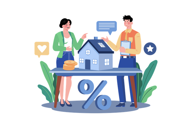 Distribuidor inmobiliario y cliente viendo una casa en alquiler  Ilustración