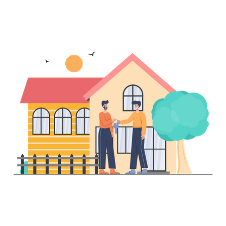Distribuidor inmobiliario y cliente viendo una casa en venta  Ilustración
