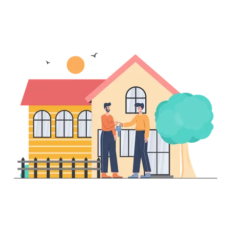 Distribuidor inmobiliario y cliente viendo una casa en venta  Ilustración