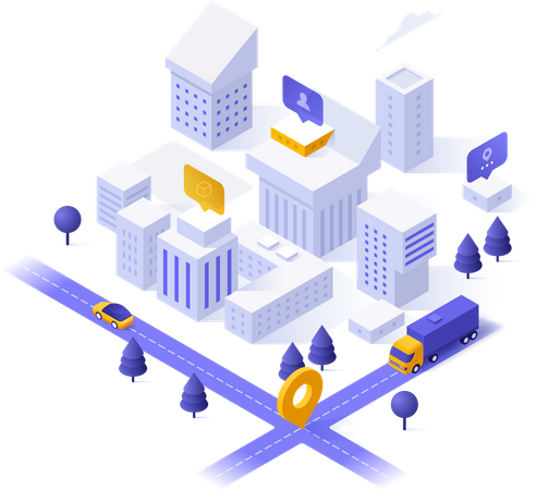 Distrito de la ciudad, edificios o casas habitables, calles y marca de ubicación  Ilustración