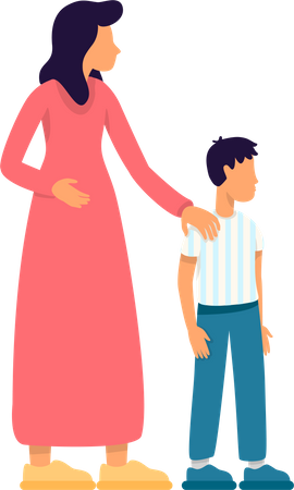 Disturbed woman holding son shoulder Illustration