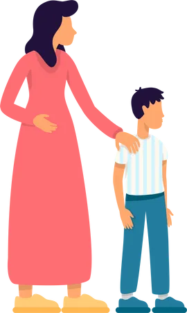 Disturbed woman holding son shoulder Illustration