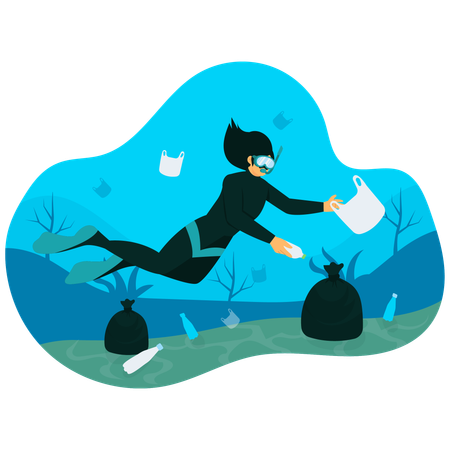 Diver Cleaning Ocean Trash  Illustration